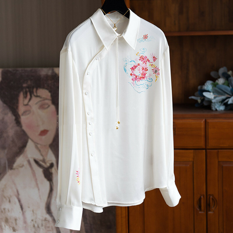 Camisa de seda estampada floral com gola inclinada, botão até camisa de amoreira, estilo chinês único, blusa retrô de alta qualidade, Y2k