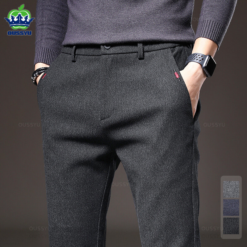 Celana panjang kain kasual pria, celana panjang katun hitam abu-abu biru tebal Slim Fit modis bisnis kuas empat musim