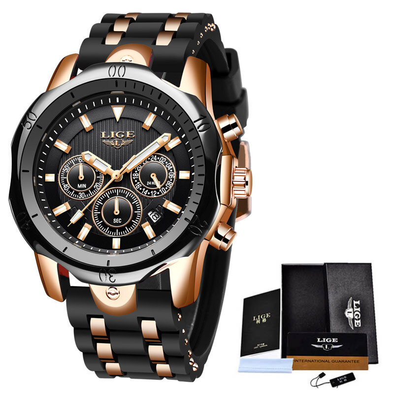 LIGE 브랜드 남성용 실리콘 스포츠 시계, 육군 밀리터리 쿼츠 손목시계, 크로노그래프 남성 시계, Relogio Masculino + BOX