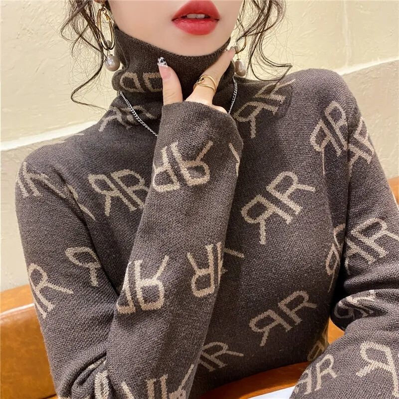 Camiseta Vintage con estampado de letras para mujer, manga larga, cuello alto, suave, estilo coreano, elegante, básica, nueva, Otoño e Invierno