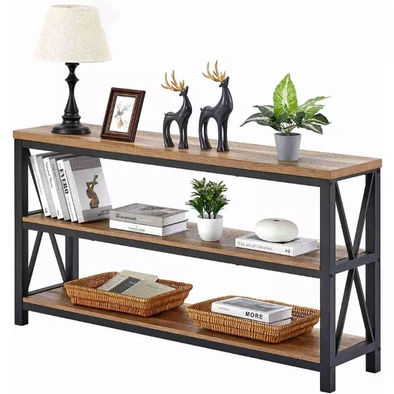 Industrial Console Table for Entryway, Wood Sofa Table, Rustic Hallway Tables with 3-Tier Shelves for Living Room