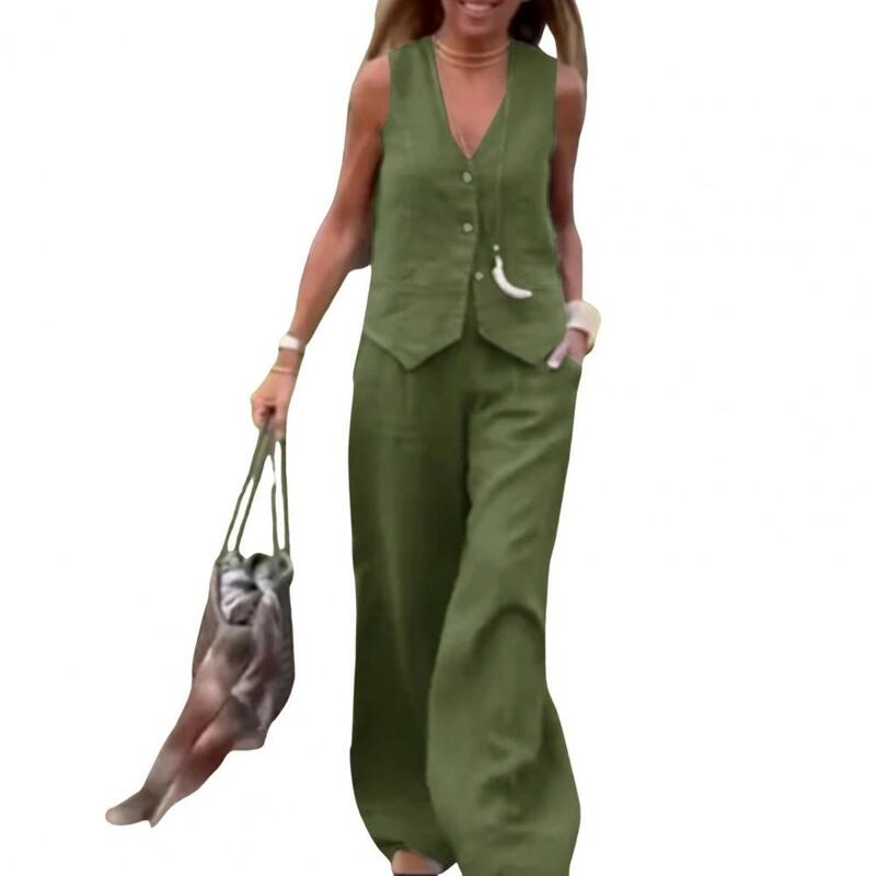 Damski dwuczęściowy garnitur damski zestaw spodni kamizelka z dekoltem w szpic proste spodnie strój dojazdowy z elastyczną talią do noszenia