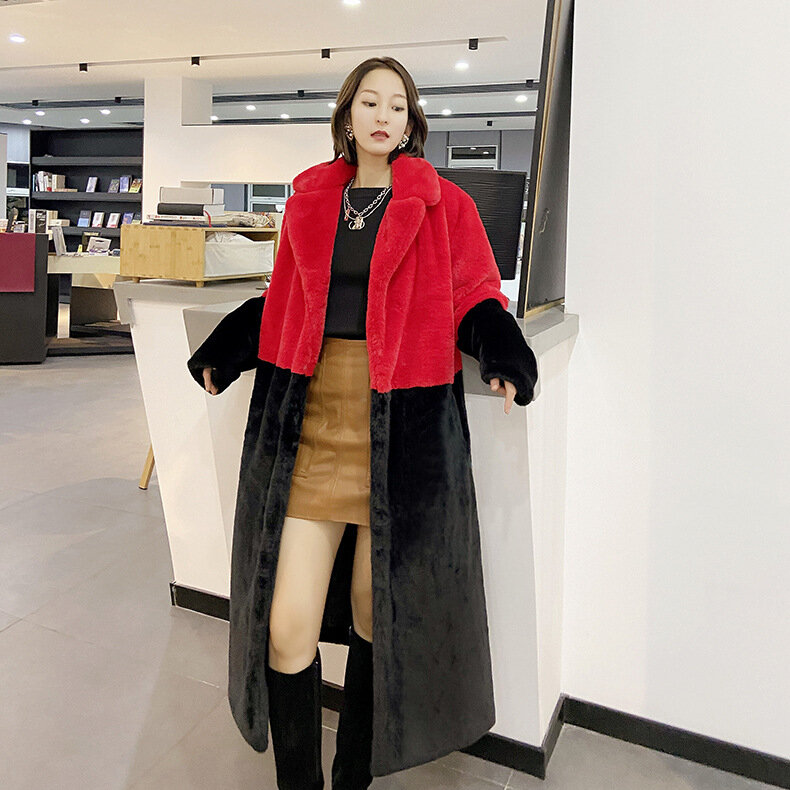 Women Faux Fur Coats Splice Jackets Turn Down Collar Loose Open Stitch Elegant Full Sleeve Mid Length Coat Thick Outerwear