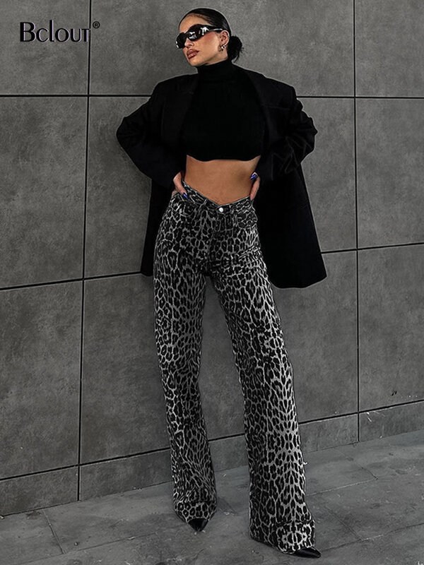 Модные хлопковые леопардовые длинные брюки Bclout для женщин 2024 повседневные Прямые брюки с карманами и высокой талией уличная одежда облегающие сексуальные женские брюки