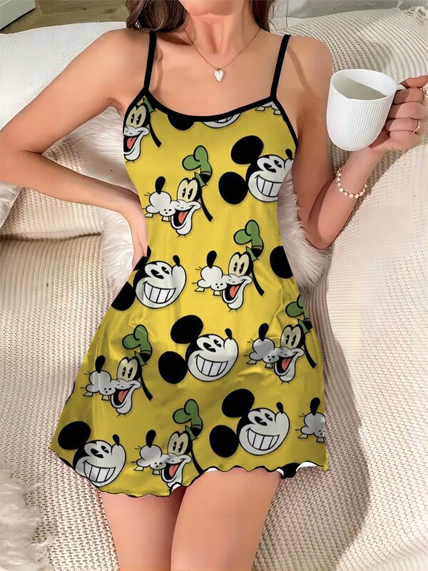 Falda de pijama con ribete de lechuga, vestido elegante de Disney, Minnie Mouse, cuello redondo, superficie de satén, Mickey, moda de verano, 2024