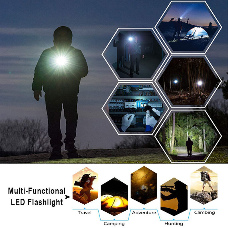 ポータブルLED懐中電灯,4つの照明モード,t6,超高輝度アルミニウム合金,アウトドアやキャンプに最適,戦術的なフラッシュライト