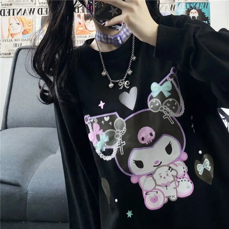 HOUZHOU Kawaii การ์ตูนพิมพ์เสื้อยืดผู้หญิงสีดำหลวมสไตล์ญี่ปุ่น Harajuku Tee Gothic Y2k Lolita Top Streetwear เสื้อแขนยาว