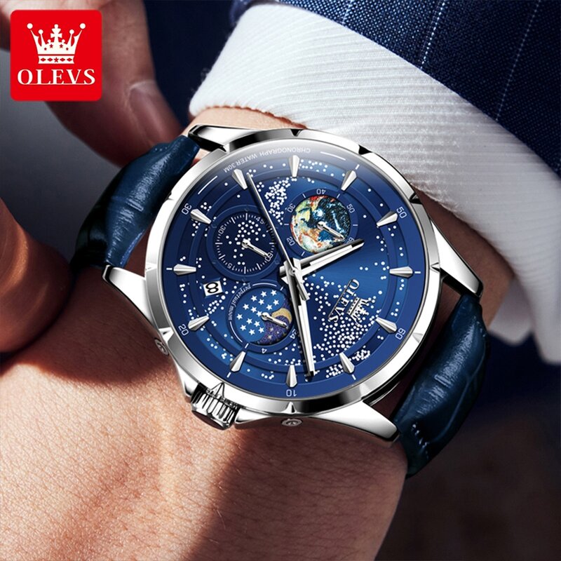 OLEVS luksusowy chronograf kwarcowy zegarek męski sportowy wodoodporny świecący wielofunkcyjny 24-godzinny zegarek z fazą księżyca Relogio Masculino