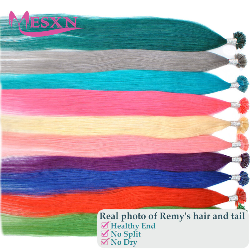 وصلات شعر طبيعية MESXN ، طرف U ، انصهار بشري حقيقي ، أرجواني أزرق وردي رمادي ، 20 "، g لكل حبلا
