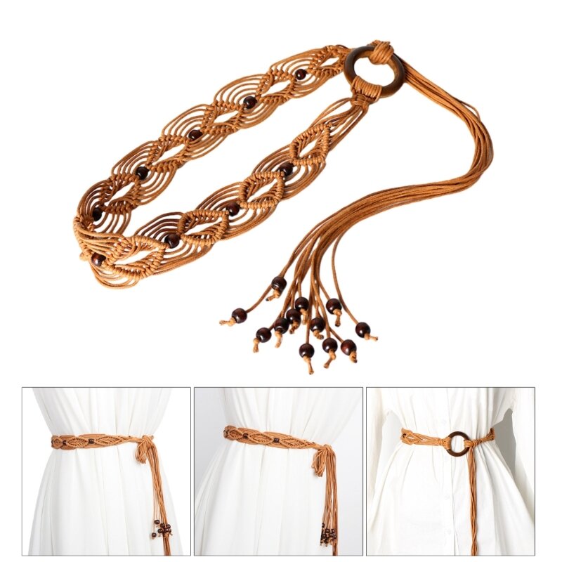 Q0KE Ladies Bohemian Style Waist Belt Delicate Beads Decors Braided Belt for Summer Dress Women Summer Seaside Waist Belt