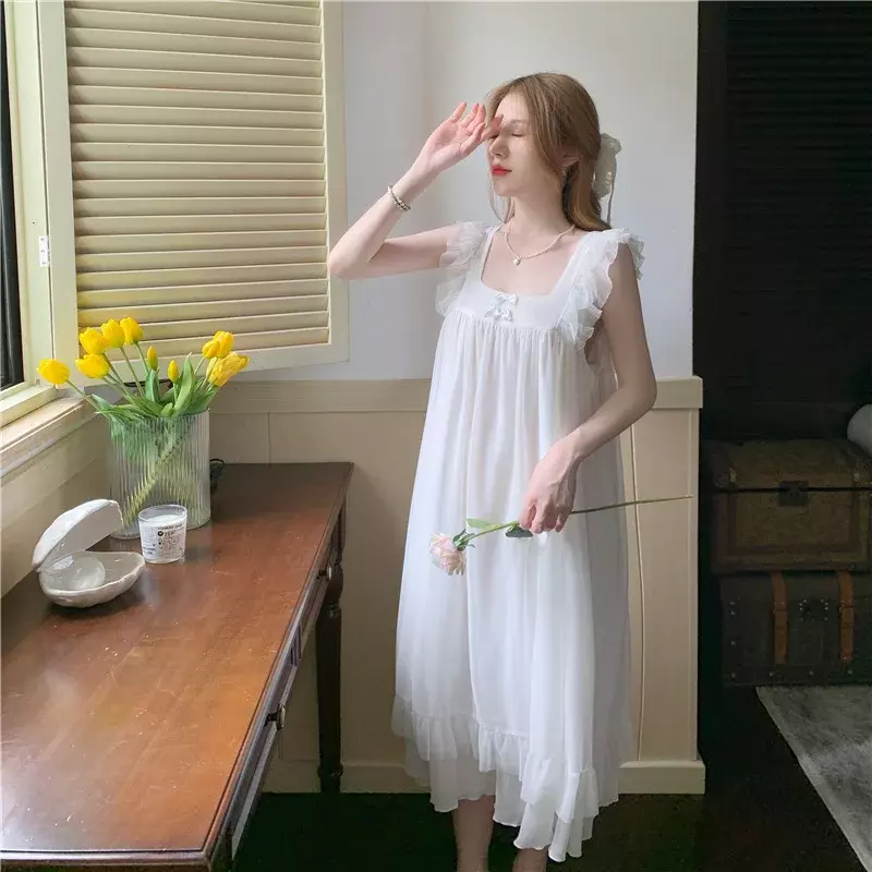 Damska koszula nocna bez rękawów solidna francuski styl damska urocza koszula nocna księżniczka sukienka Vintage bielizna nocna dla kobiet 2024