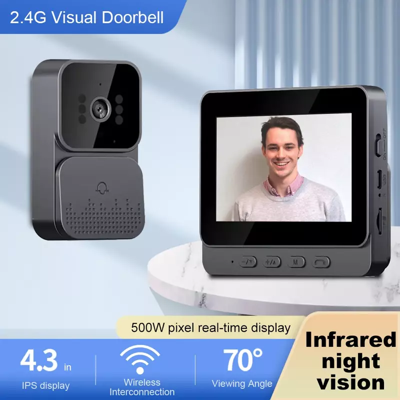 Video Doorbell IR Night Vision Wireless Door Bell 1080P 4.3inch IPS Screen Doorbell Camera 2.4G for Villa Home Office Apartment