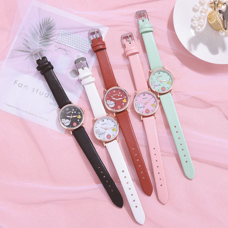 Heiße Mode Quarz Kinder Uhr Armband Set Quarz Uhren Mädchen Geschenk Student Armbanduhr Pu Leder Rose Gold Uhr für Frauen