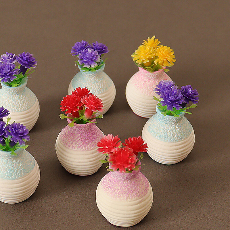 Dollhouse Simulação Flor com Vaso, Boneca Floral Mini Vasos, Acessório Decoração para Casa Escala 1:12