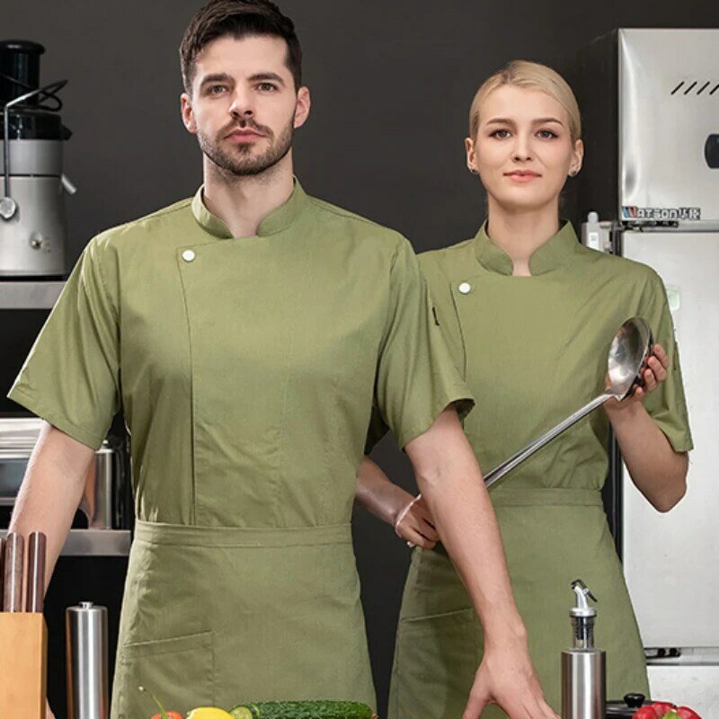 เสื้อโค้ทเชฟแขนสั้นสำหรับผู้ชายผู้หญิงร้านอาหารโรงแรมทำอาหารแจ็คเก็ตพนักงานเสิร์ฟ
