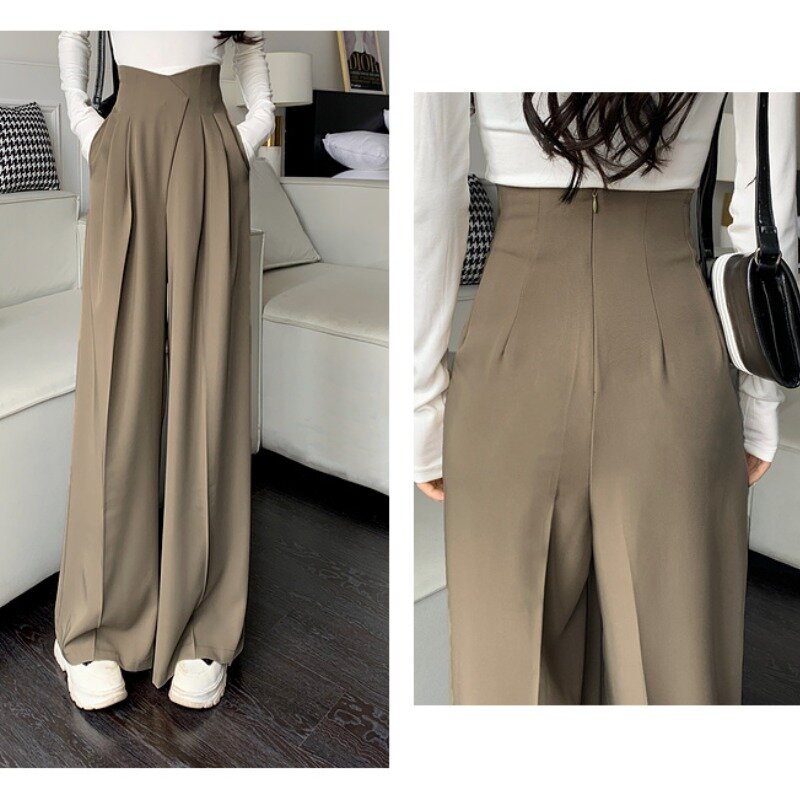 Женские Длинные прямые брюки с высокой талией, однотонные брюки с широкими штанинами и рюшами, весна-лето 2024