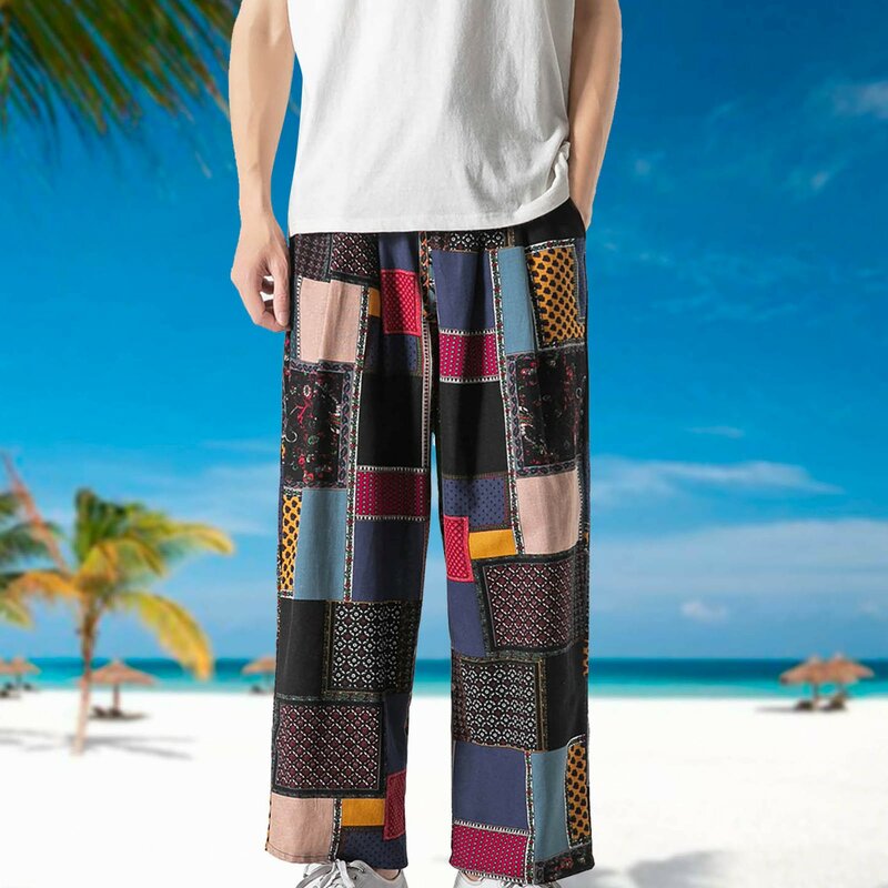 กางเกงฮาเร็มผู้ชายสไตล์ฮาราจูกุกางเกงเย็บปะแบบเรียบง่ายขากว้างแบบแฟชั่นกางเกงขายาวทรงหลวม