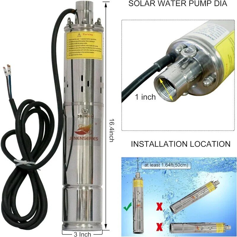 태양 깊은 우물 잠수정 펌프, MPPT 컨트롤러 플로트 스위치 키트, 가정 또는 농장용, 3393ft, 7.9GPM 유량, 3 인치, 500W-393ft