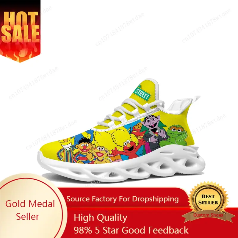 Chaussures de course en maille à lacets personnalisées pour adolescents, baskets de sport de dessin animé anime, S-Sesame S-StreetFlats, haute qualité, mode