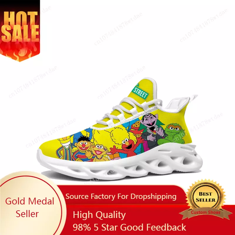 Chaussures de course en maille à lacets personnalisées pour adolescents, baskets de sport de dessin animé anime, S-Sesame S-StreetFlats, haute qualité, mode