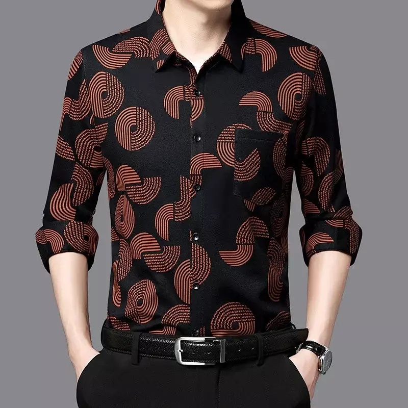 Spring and Autumn Men's Polo Collar Contrast Printing Geometric Pocket Long Sleeve Cardigan Shirt Coat Casual Formal Tops