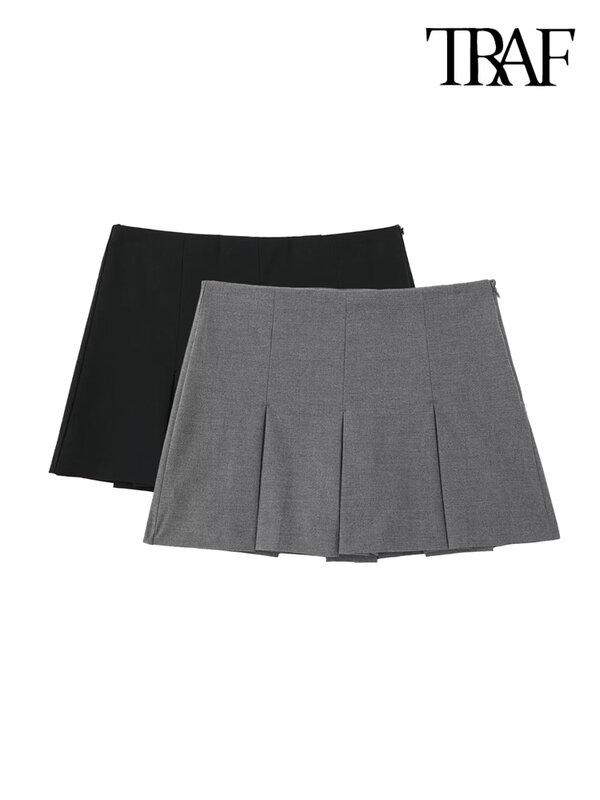 TRAF-Falda corta plisada para Mujer, falda Vintage de cintura alta con cremallera lateral