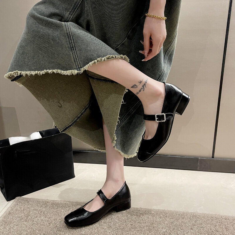 Женские туфли с закрытым носком, однотонные туфли из дышащего материала на высоком квадратном каблуке, 2023