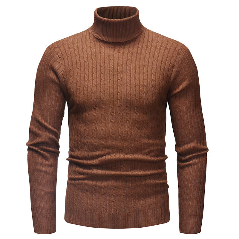 Sweter rajut bergaris kerah tinggi untuk pria, sweter musim gugur musim dingin