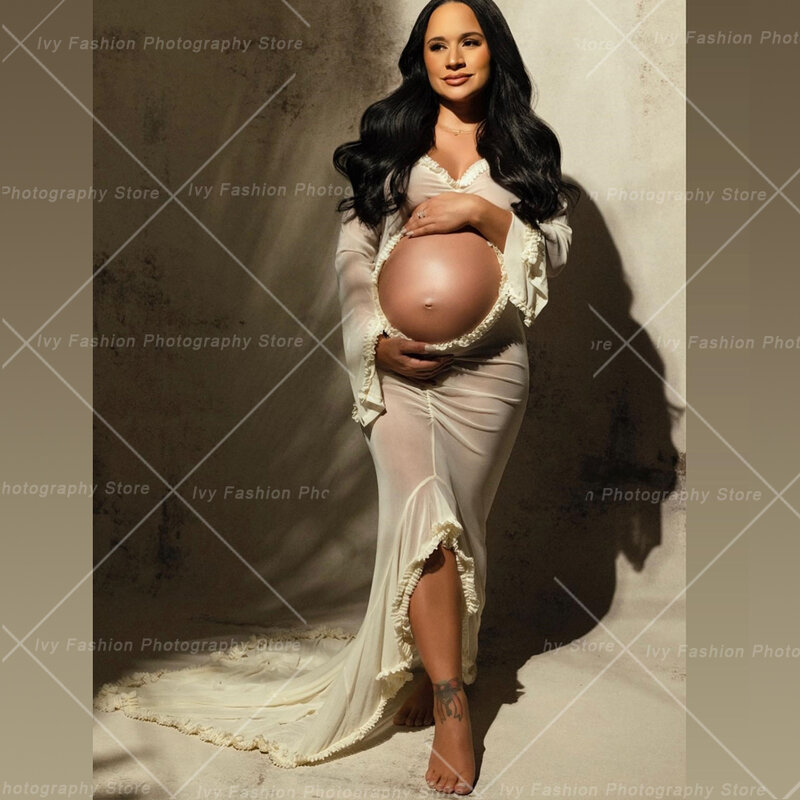 Suknia ciążowa dla sesja zdjęciowa seksowna przezroczysta falbana w ciąży brzuch wydrążony długi rękaw sukienka Baby Shower