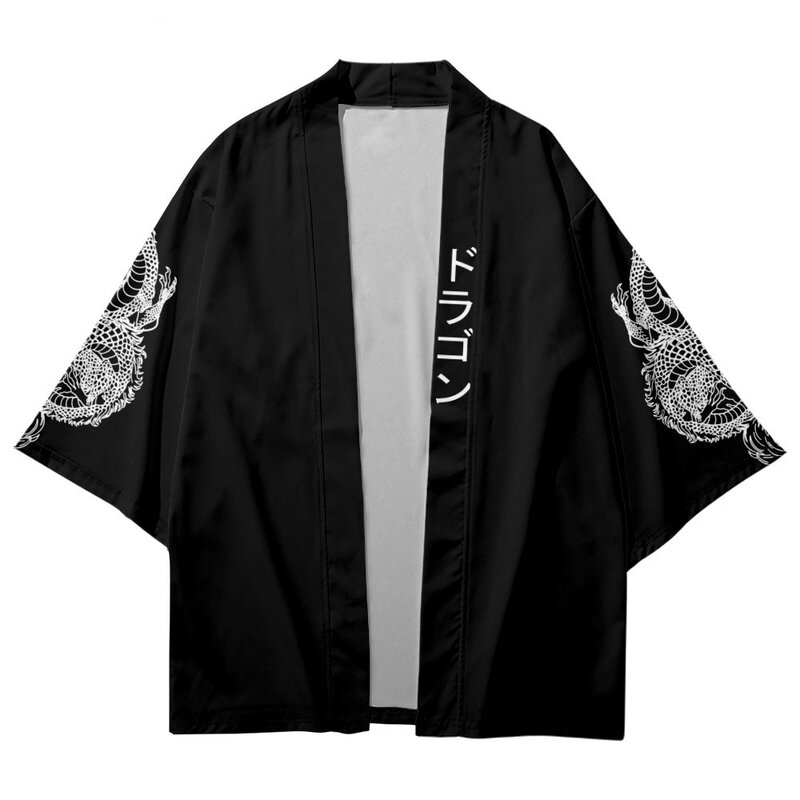 Kimono traditionnel imprimé dragon pour hommes, streetwear, samouraï, vêtements asiatiques, manches de style japonais, entreMiCardigan, noir, Cosplay Haori