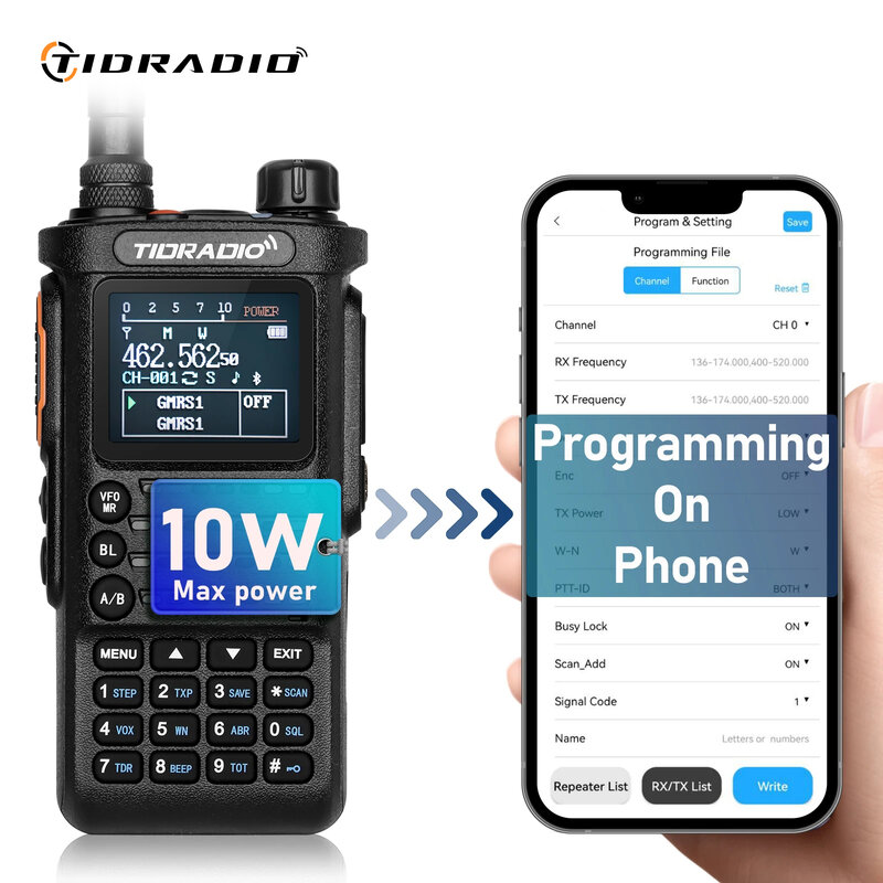 Tidradio Professional長距離ウォーキートーキー、ポータブルラジオレシーバー、2方向検索スパトル、第2世代、td h8、10w