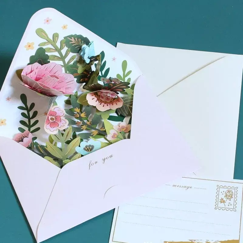 New Romantic Flower Birthday Christmas Card 3D Pop-up biglietti di auguri Set cartolina decorazioni di nozze per feste regali creativi per ragazze