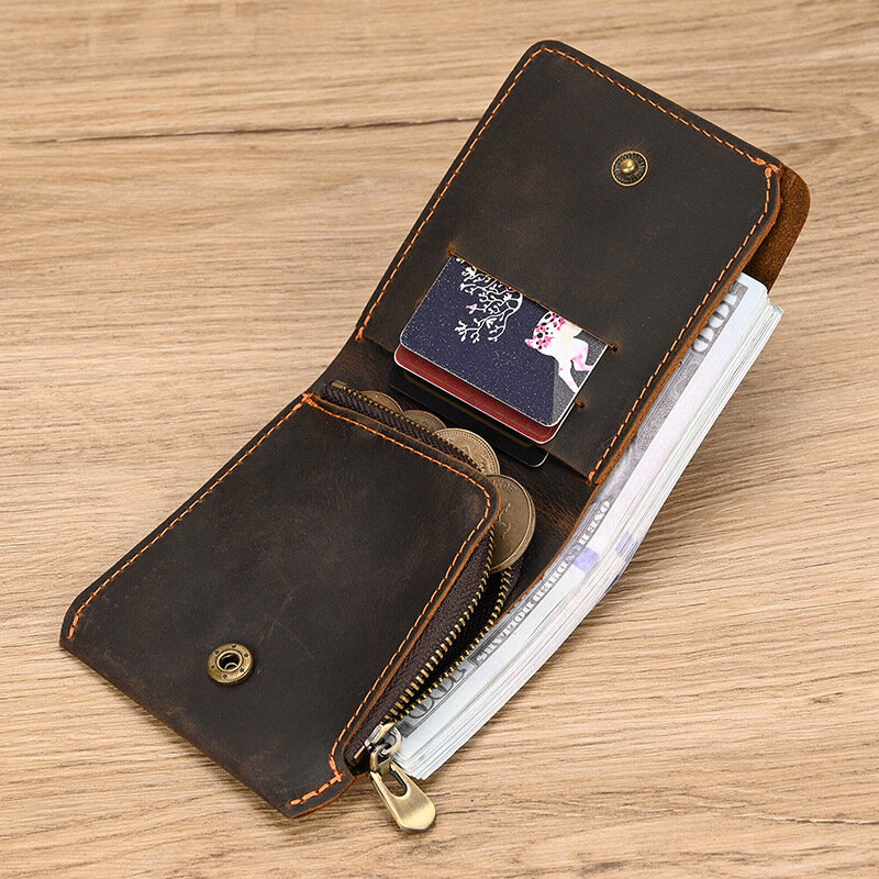 Vintage Leather Short Wallet with Zipper Coin Pocket for Men
