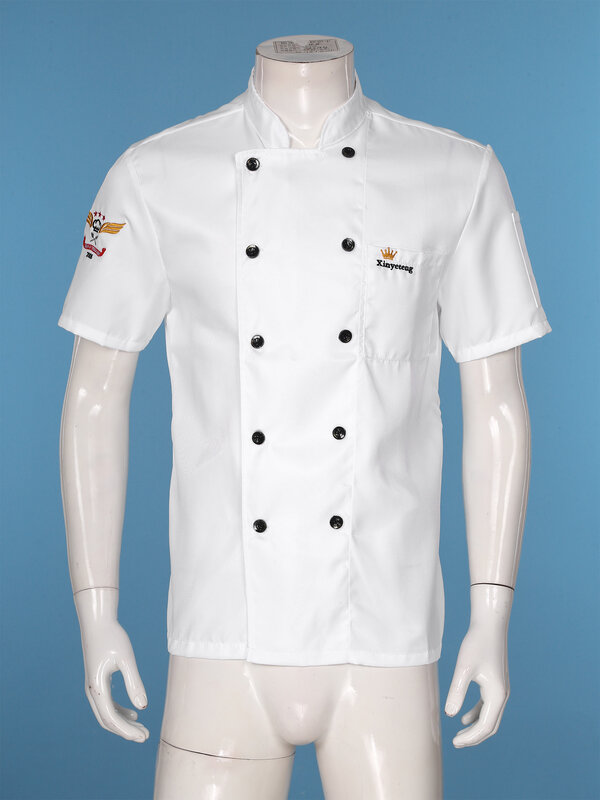 Veste de chef à manches courtes pour femme, uniforme de cuisine avec poches, broderie, col montant, double boutonnage, EMS