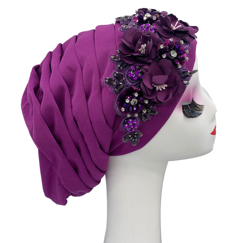 Headwear para mulheres, envoltório para cabeça de senhora, gorro, chapéu hijab muçulmano, flor elegante, turbante de diamantes, boné