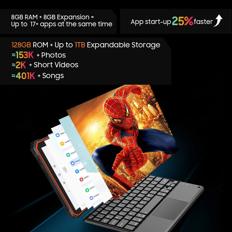 Blackview 액티브 6 견고한 태블릿, 10.1 인치 HD + IPS 디스플레이, 안드로이드 13, 8GB, 128GB, 13000mAh 배터리, 13MP 카메라, 듀얼 4G 태블릿 PC