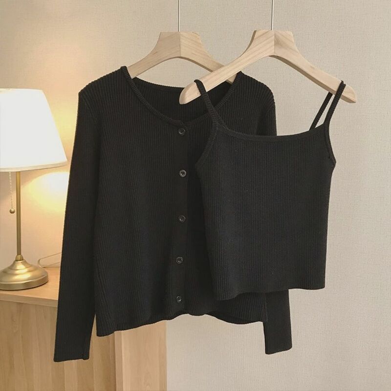 2-piece Women's Clothing Set Spring and Autumn Coat Korean Fashion Cardigans Cropped Sweaters Long Sleeve Top Sweater Vest