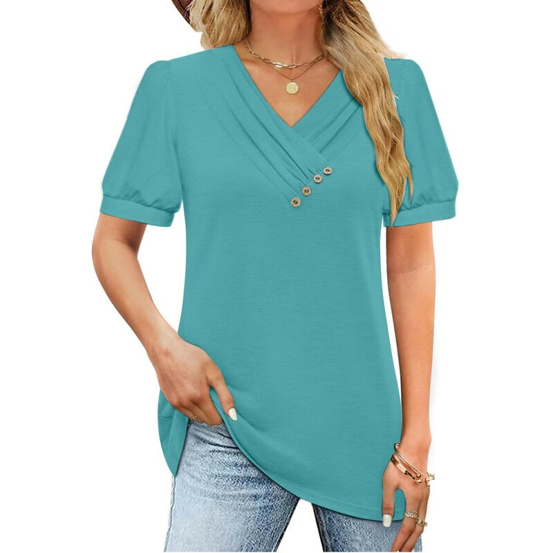 2024 Women's Casual V-Neck Short Sleeve T-Shirt Solid Color Button Top Топы больших размеров camisetas femininas 플러스사이즈 상의