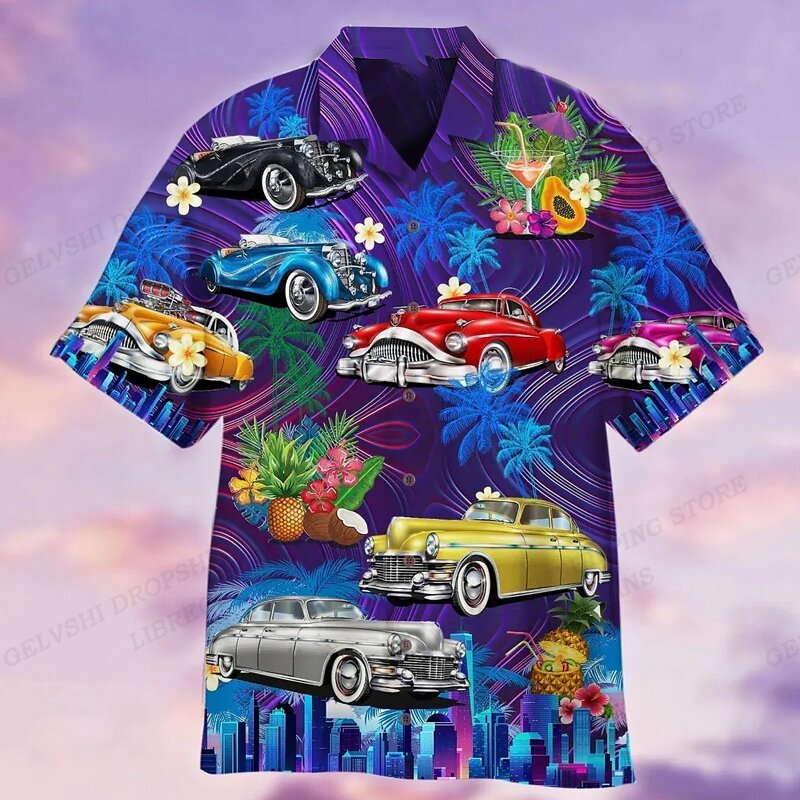 Camisa hawaiana con estampado gráfico de coche para hombre, blusa de playa informal, Camisa de solapa, Camisa de motocicleta, moda