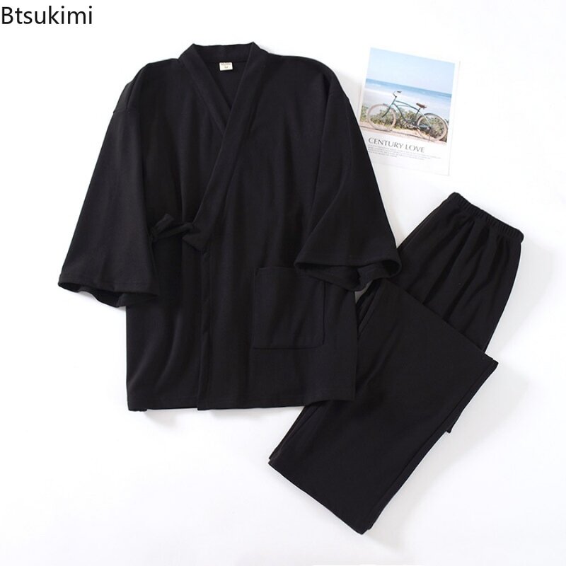 남성용 일본 전통 잠옷 세트, 양면 플러시, 두껍고 따뜻한 가정복, 기모노 상의 및 바지, 잠옷 세트