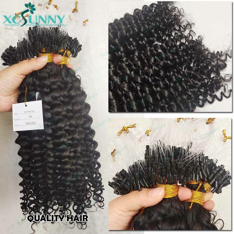 Xcsunny-Extensions de Cheveux Bouclés Microlink pour Femmes Noires, Cheveux Humains Bouclés, Birmanie, Boucle Micro Anneau