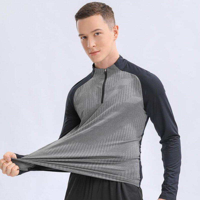 Camiseta de fútbol de secado rápido para hombre, camisa de manga larga, ligera, ajustada, con cremallera