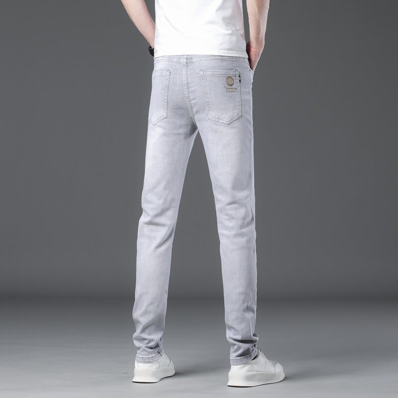 Calça jeans fina cinza-clara masculina, justa, reta, que combina com tudo, alta qualidade, luxo, algodão stretch, verão, 2022