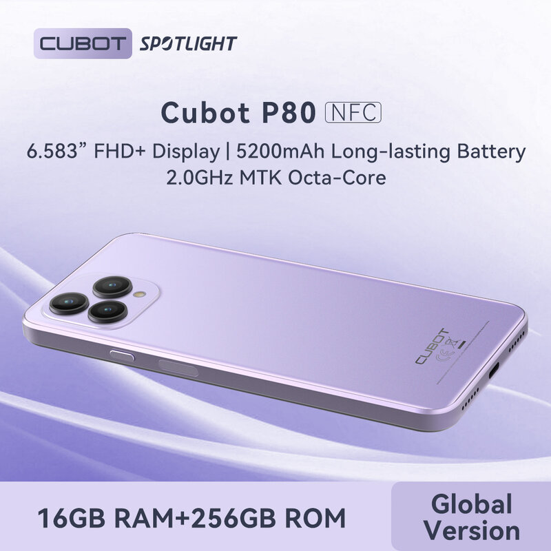 Cubot P80, smartphone android, versão global, 16GB RAM(8GB + 8GB Estendido), 256GB de ROM (suporte 1 TB estendido), NFC, Ecrã FHD+ de 6,583", Android 13, Bateria de 5200mAh, Câmera de 48MP, Dual SIM 4G celular, GPS