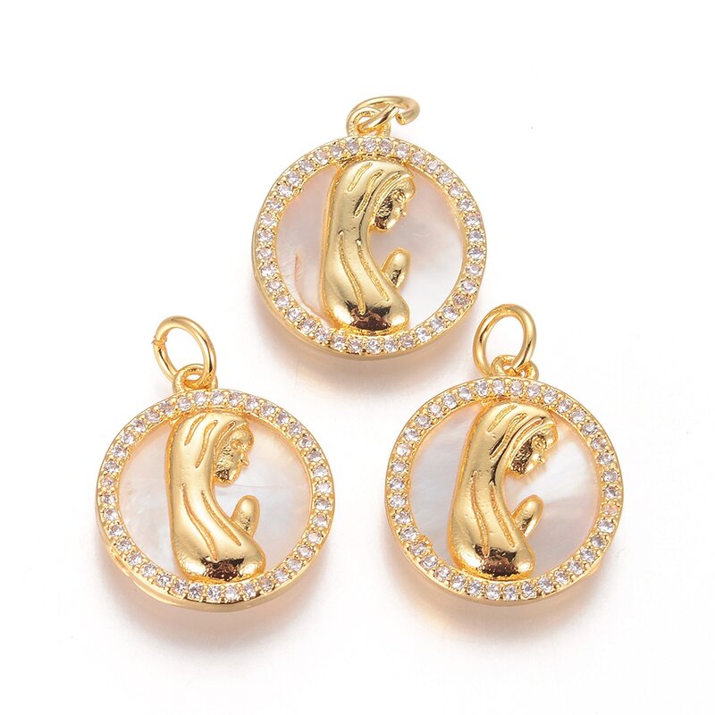5pcs Brass Pendants with Cubic Zirconia Flat Round with Virgin Mary Pendant Charm Shell and Jump Rings for Jewelry Making
