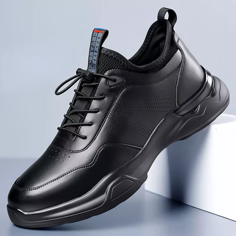Tênis de couro casual masculino, sapato macio oco, cor sólida, cinto elástico, sapatos de plataforma masculinos, estilista, nova moda, 2024
