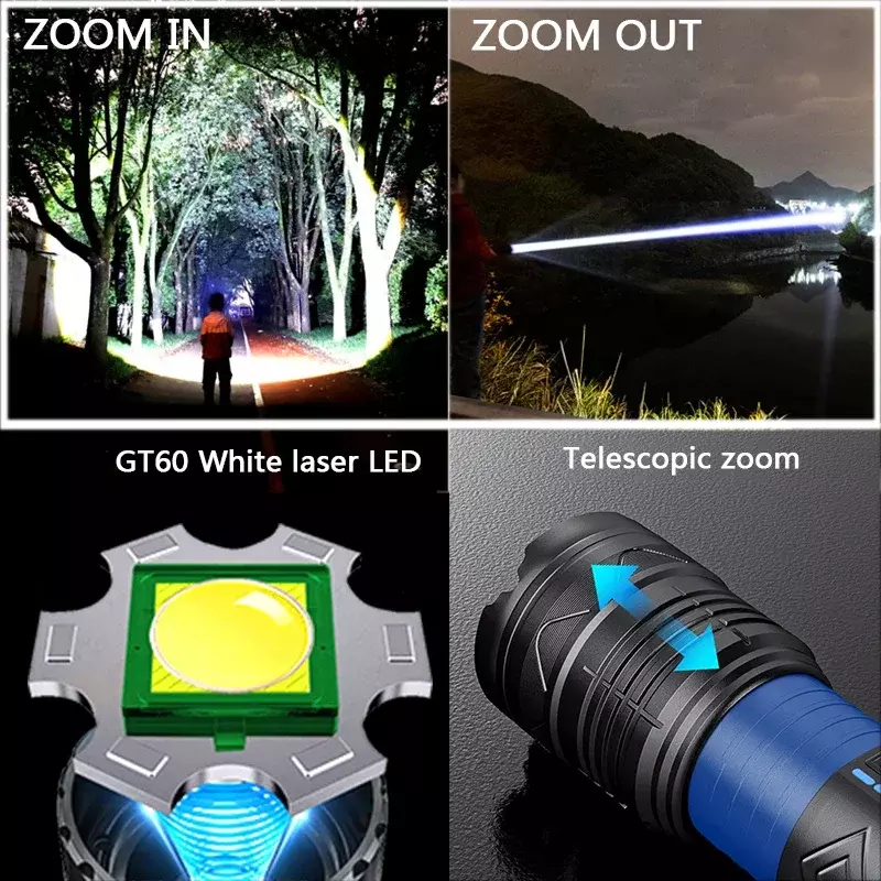 Super brilhante lanterna tática gt60 com contas led, poderosa tocha de longo alcance, recarregável USB, 4 baterias 181350a, 20800mAh