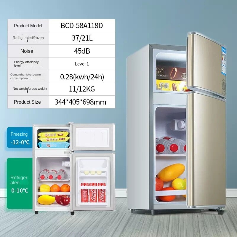 Refrigerador pequeño de doble puerta para el hogar, nevera pequeña de 58 litros, refrigerada y congelada