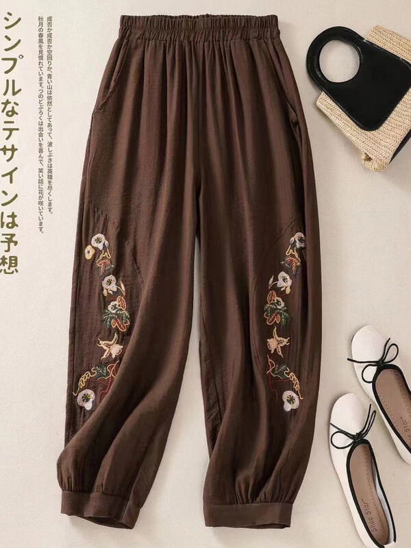 Vintage literackie damskie haftowane lateksowe spodnie 2024 nowe jesienne spodnie haremowe na co dzień luźna, bawełniana dla kobiet