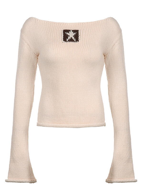 Women Slim Knit Pullovers Sweater Star Pattern Long Sleeve Spring Fall Boat Neck Jumpers Streetwear